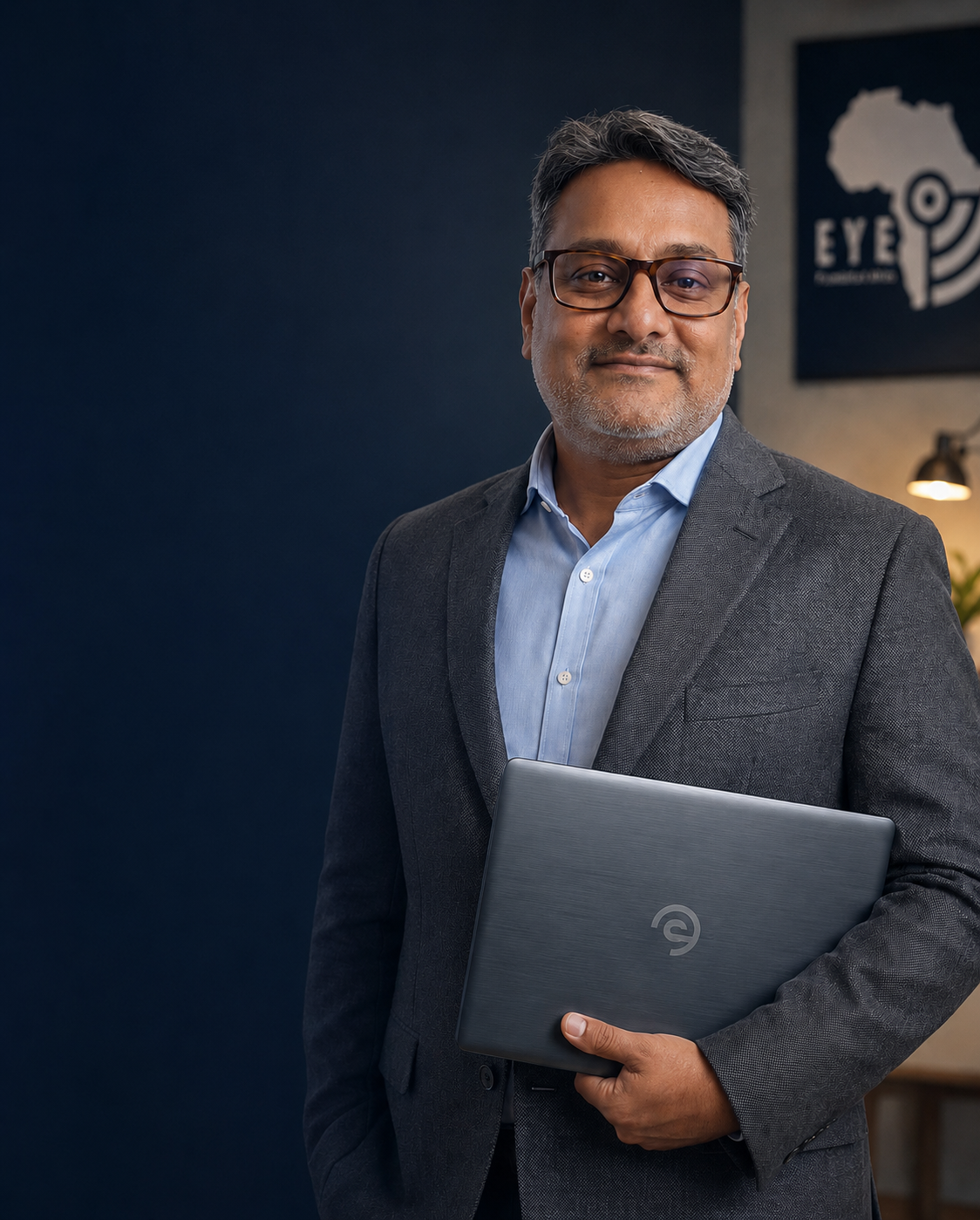 Jiten G Shah, founder and CEO of E.Y.E Foundation Africa, holding an E.Y.E Laptop