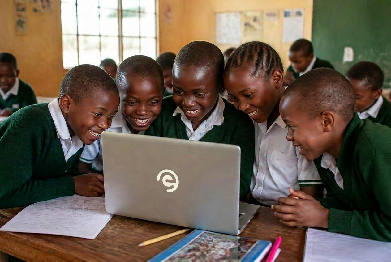 Students learning in a solar-powered computer lab