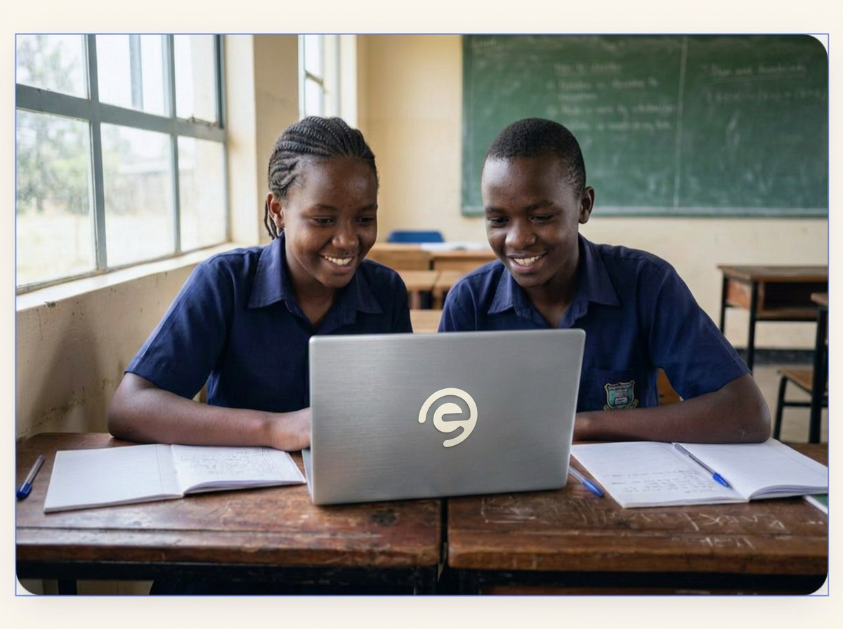 Students collaborating over an E.Y.E Laptop in a group exercise